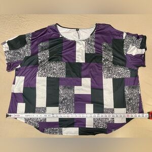 SHEIN Purple Black White Geometric Print Knit Blouse, Plus 7X, Short Sleeve